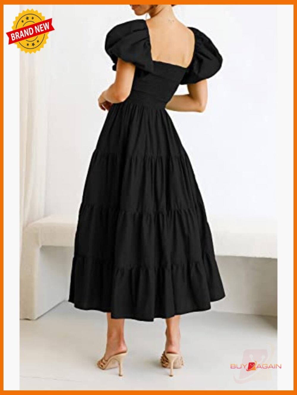 Smocked Midi Dress Puffy Short Sleeve Square Neck Tiered Ruffle A-Line Fit Flare - Picture 4 of 6